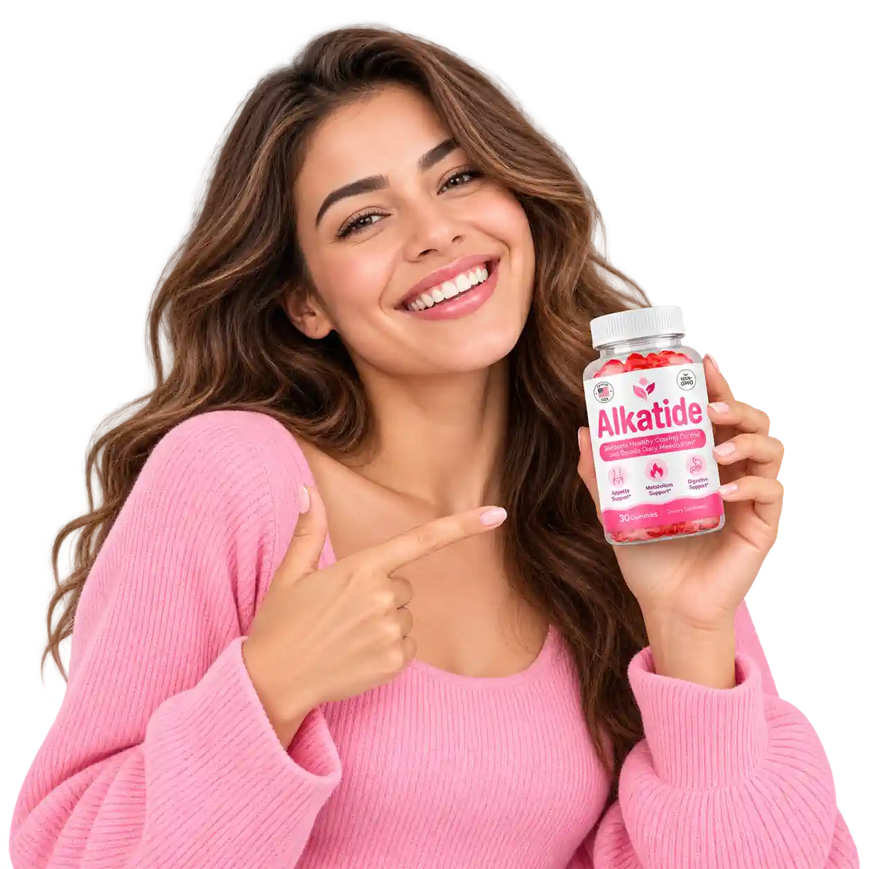 A customer holding a bottle of Alkatide gummies